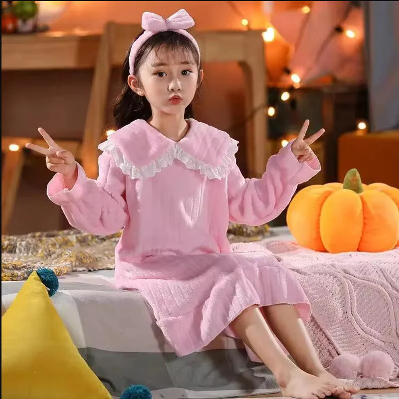 Sweet Cute Style Girls Autumn Winter Nightdress Flannel Warm Child Long-sleeved Pajamas Nightgown Soft Breathable Baby Nightgown