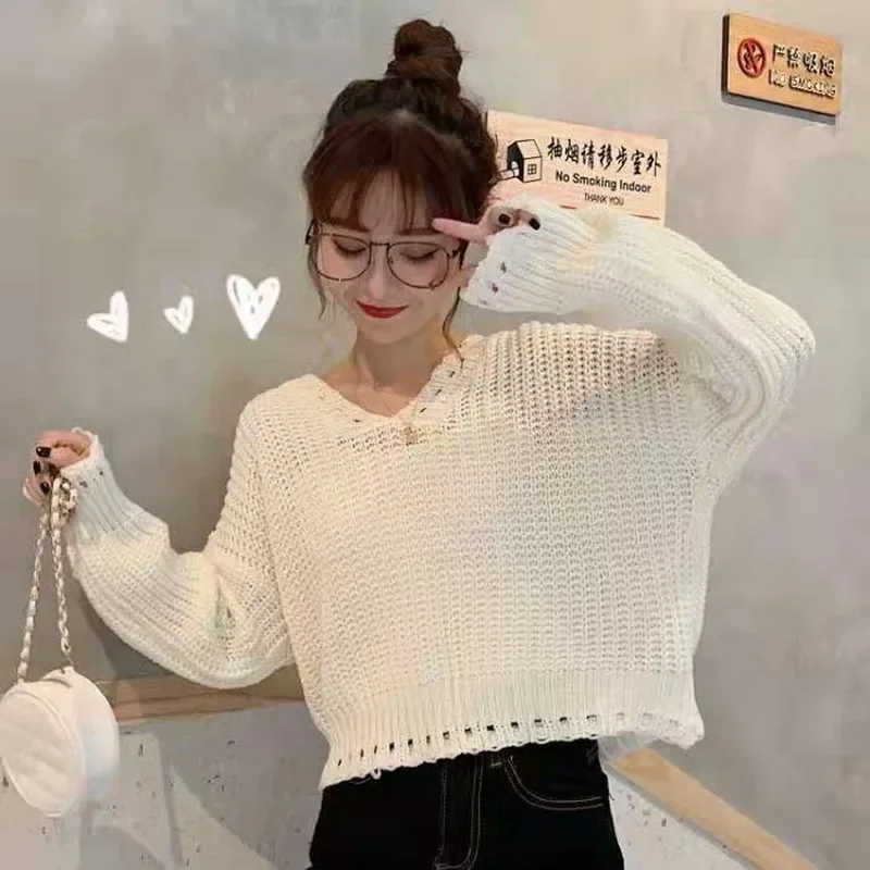 

Cropped Sweaters Women Loose Long Sleeve V-Neck Student Female Pullovers Leisure All-match Solid Korean Version Popular Knitted