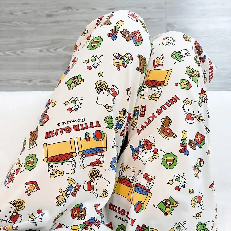 Sanrio Pants Multiple Styles New Oversized Hello Kitty Summer Print Casual High Waisted Straight Leg Pants Girls Clothes Gifts