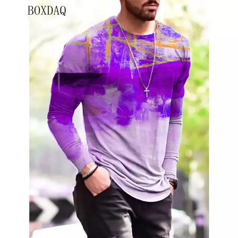 Tie-dye Men Street T-shirts Spring Autumn Long Sleeve Cotton 3D Gradient Print Fashion Tee 6XL Big Size Man Clothing Casual Tops