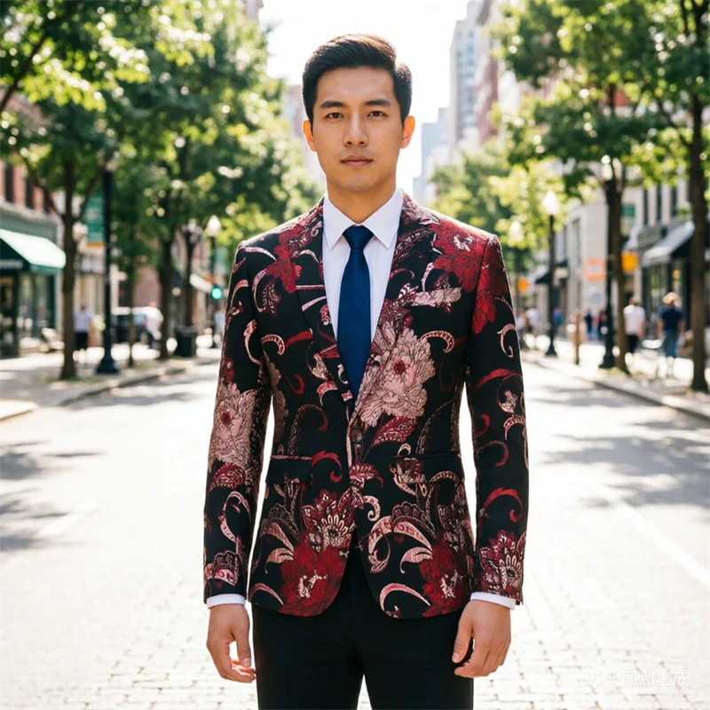 

Мужской красный жаккардовый повседневный пиджак, свадебный пиджак, зеленый приталенный спортивный пиджак, европейская одежда XXXS-XXL.