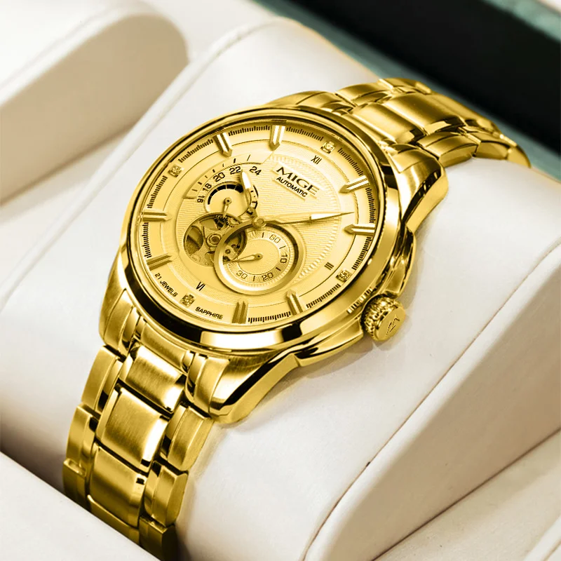 MIGE Luxury Gold Automatic Mechanical Watch Men Skeleton Dial Stainless Steel Sapphire Waterproof Business Wrist Watch
