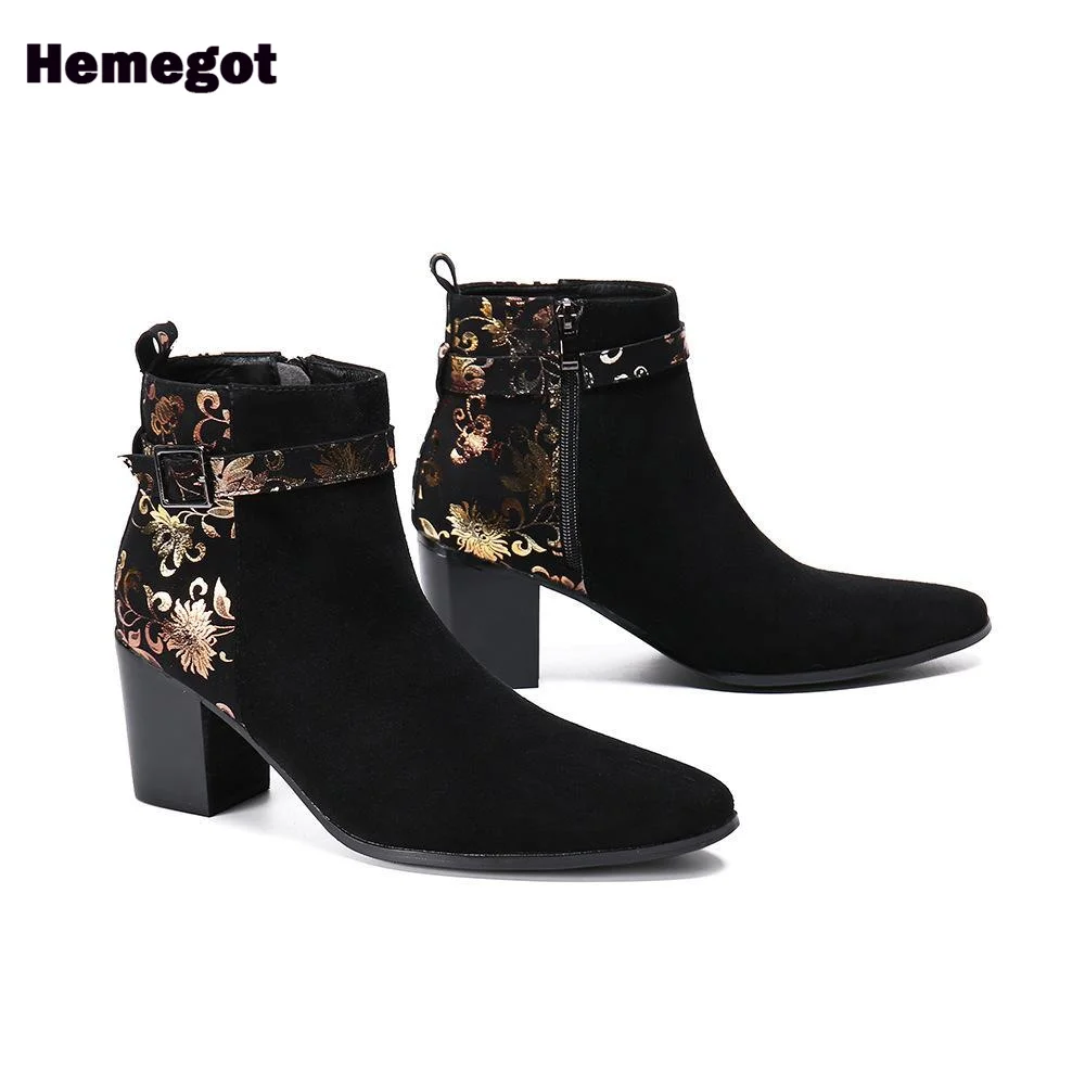 Flower Prints Men's Boots Black Suede Booties Stylish Side Zipper Men Boots Big Size 37-47 Handmade Botas Zapatillas Mujer