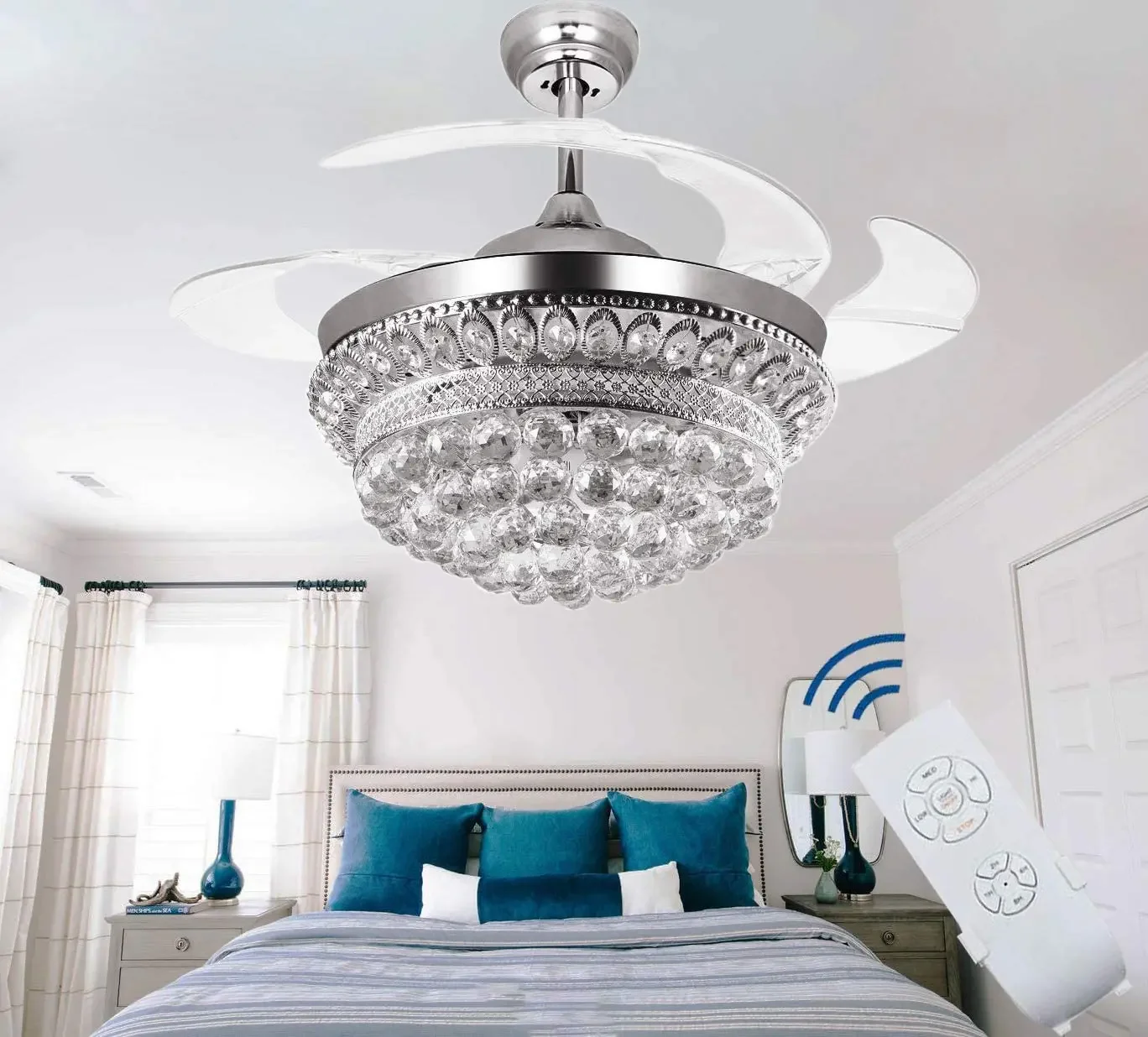 Crystal Chandelier Fandelier Chrome Ceiling Fan 42 Inch 3 Change LED Light Color Ceiling Fan Light for Indoor Living Dining Room