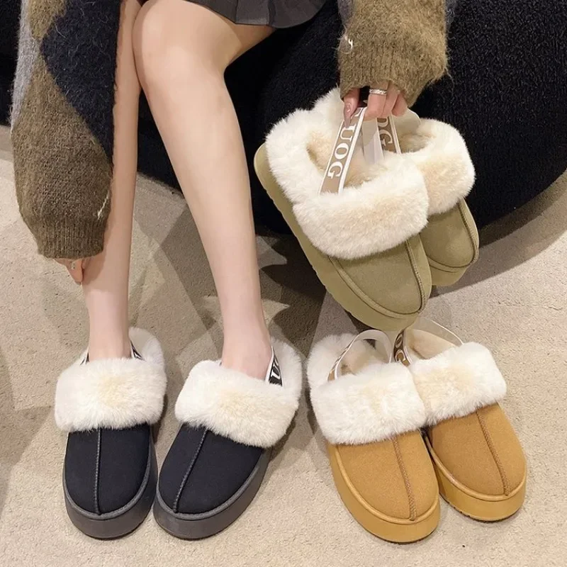 Fashion thick-soled women\'s slippers casual home suede fur warm open-heel flip-flops uggs brand plush cotton slippers flat shoes