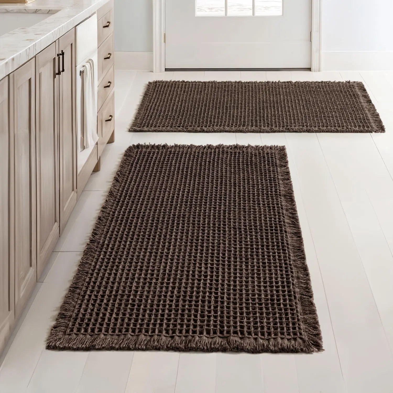 

Set of 2 Waffle Bathroom Rugs, Non-Slip Washable, Super Absorbent Mats for Tub and Shower, Chocolate, 18x30 Inch
