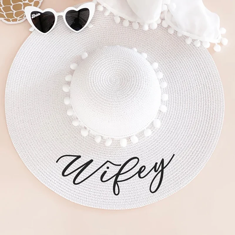 Wifey white pom Floppy Beach sun Hat Bride to be future Mrs Honeymoon trip Bachelorette hen do party bridal shower wedding Gift