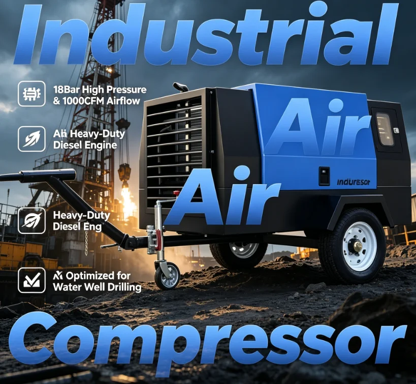 Customized Best Selling Two Wheels Towable 185 Cfm Diesel Engine Powered Mining Portable Screw Air Compressors