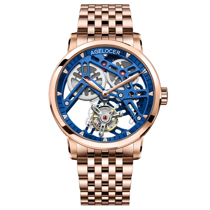 AGELOCER Origineel Tourbillon Horloge Stalen Band Heren Business Formeel Luxe Skelet Handmatig Mechanisch Horloge Verjaardagscadeau voor Heren