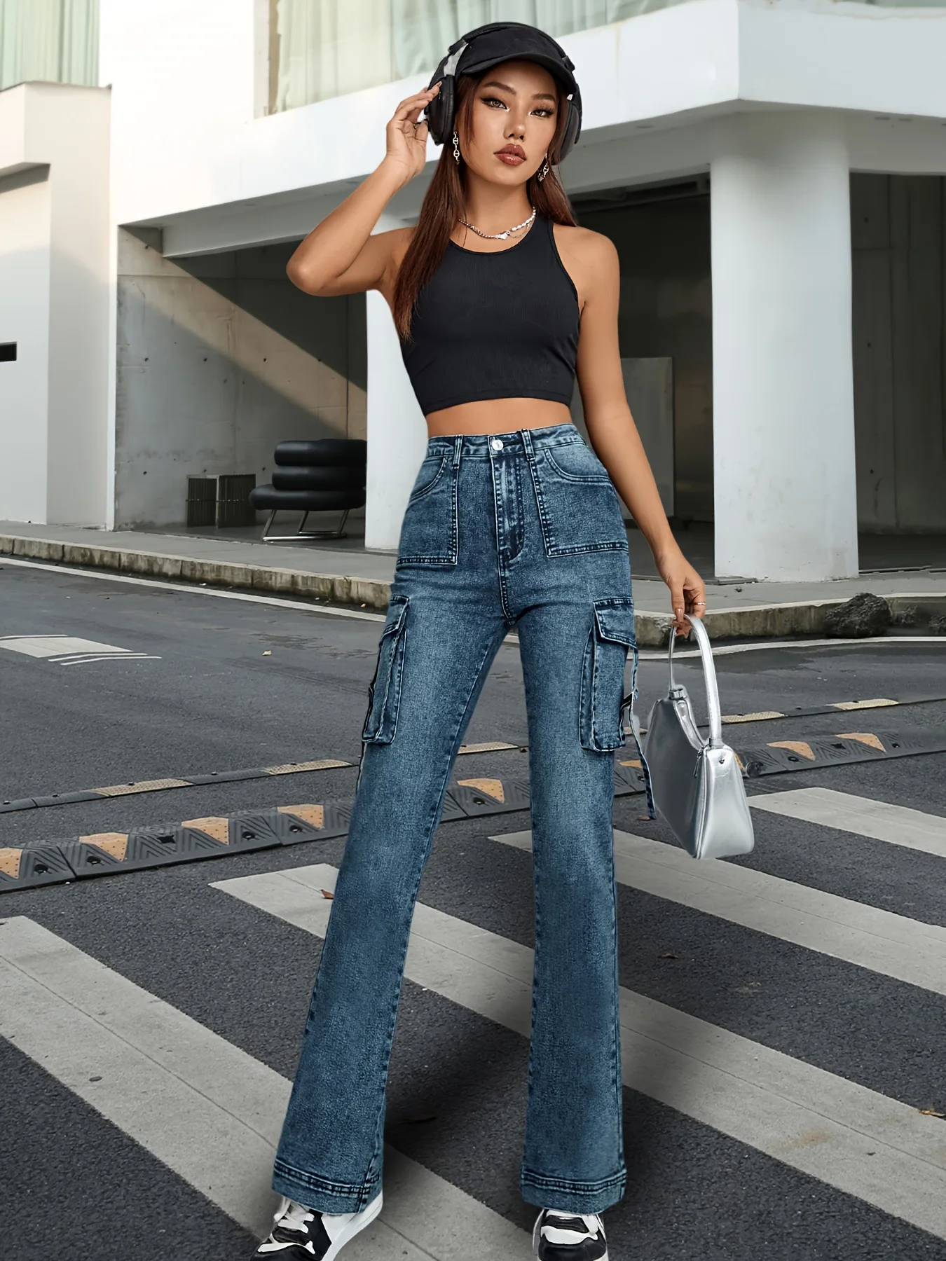 Amerykańskie spodnie robocze w stylu retro z dużymi kieszeniami, wysoki stan, wyszczuplające, lekko rozciągliwe, długie spodnie jeansowe damskie, modne.