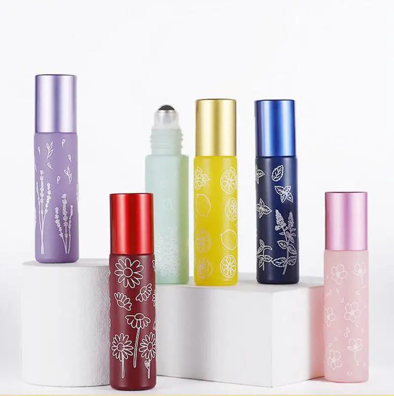 8PCS 10ML Macaron Glass Bottle  Essential Oil Roll On Thick Vials Metal Roller Ball with Printing for Perfume Aromatherapy