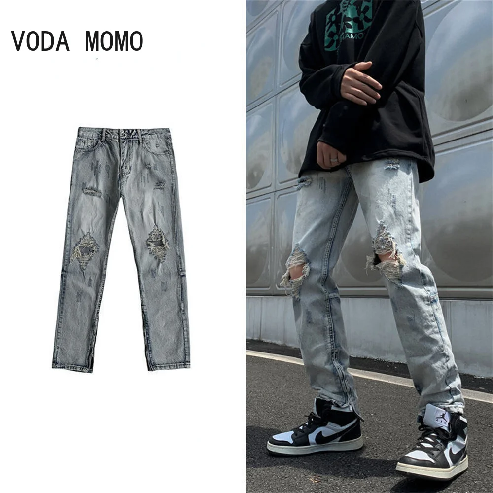 

Streetwear Designer Men Ripped Jeans Personality Patchwork Pocket Korean Ripped Hole Stitching Denim Trousers Male Hip Hop