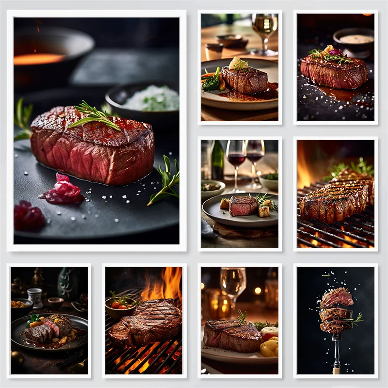 BBQ Grilled Steak Poster Canvas Printing Barbecue Grilled Steak Photos Kitchen Dining Room Restaurant Wall Art Decor Food Decor
