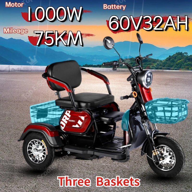 E-Scooter 3 Wheel Electric Tricycle 24Inch Fat Tire Electric Scooter Adult Cargo Electric Bike With Basket Parent-child Mobility