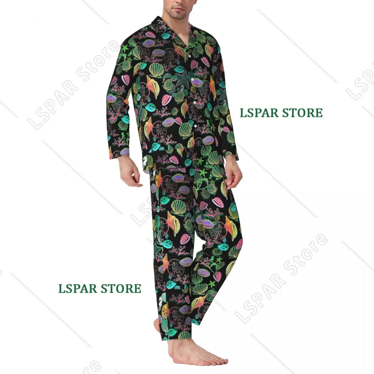 Colorful Sea Shells Print Pajama Sets Spring Comfortable Home Sleepwear Men Two Piece Casual Oversized Graphic Home Suit Gift