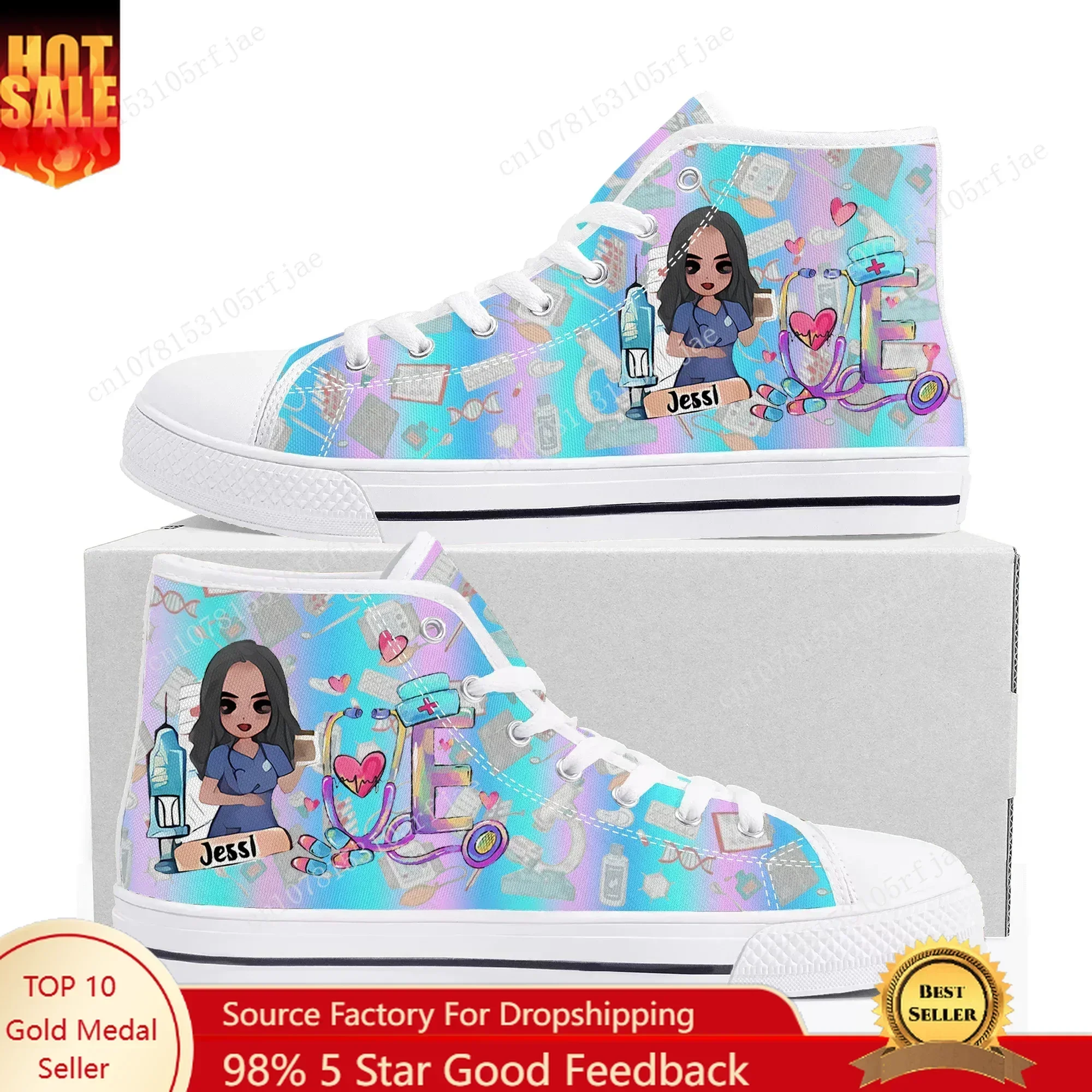 Cute Cartoon Nurse High Top Sneakers Hot Nurse Mens Womens Teenager Canvas Shoes Soft Sole Shock Absorbing Casual Couple Shoes