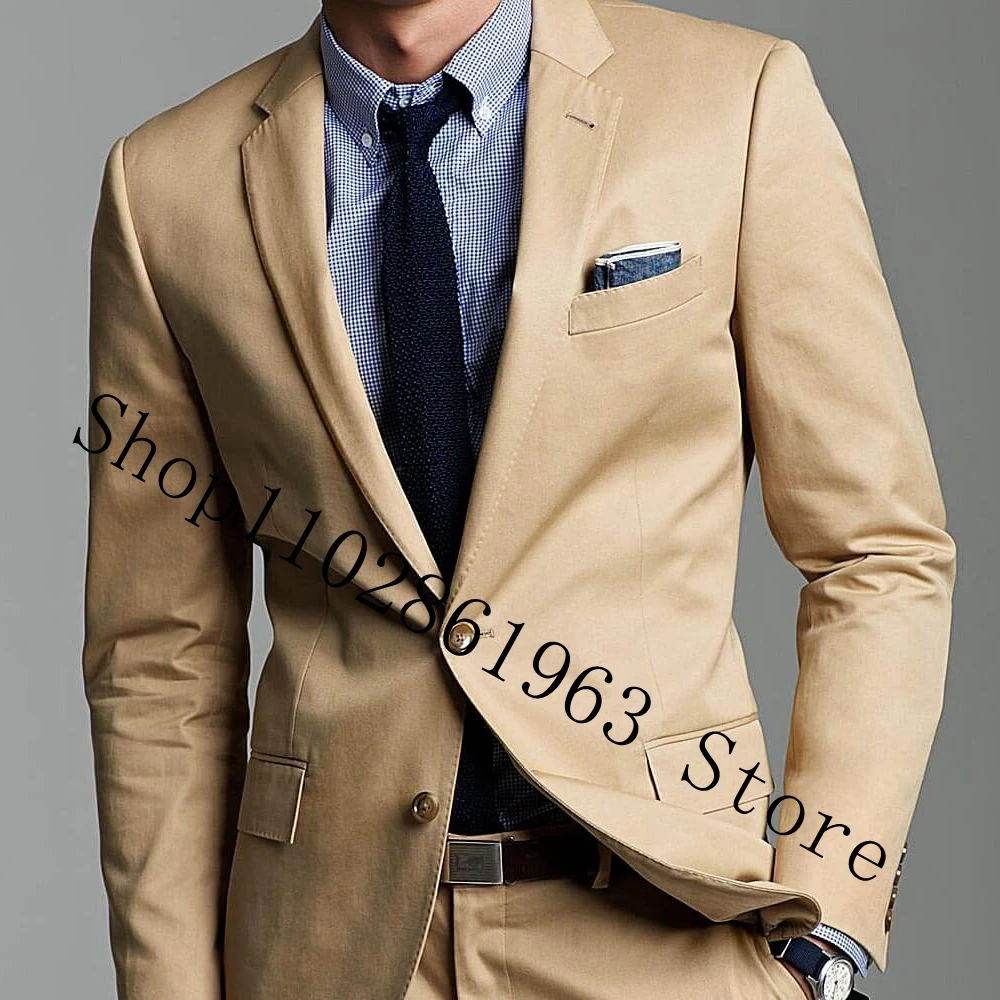 Khaki Men Suits Slim Fit Notched Lapel Two Buttons 2 Pieces Suits Blazer Pants Groom Wear Wedding Tuxedos Trajes De Hombre