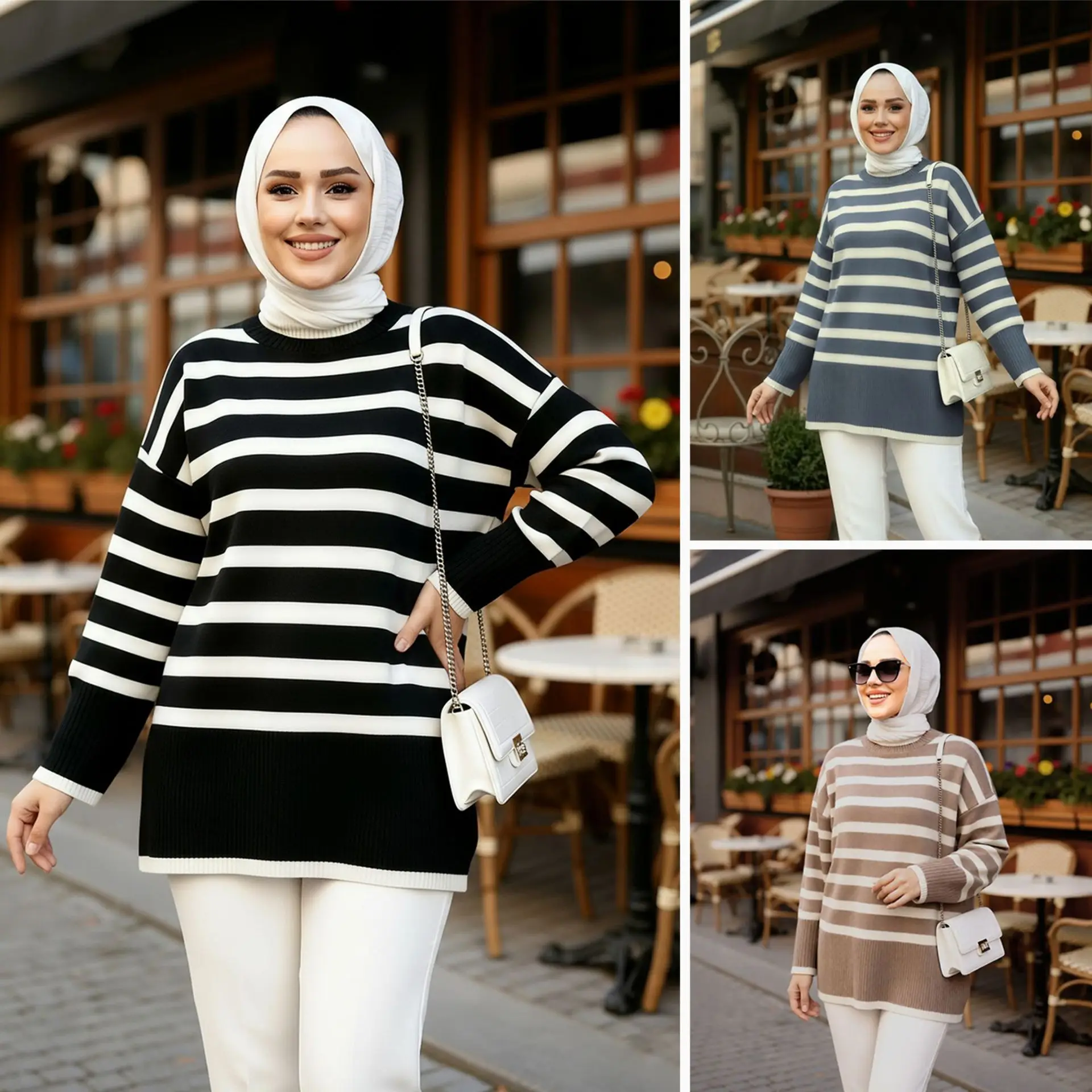 

Eid Sweater Women Turtleneck Pullover Knitted Top Striped Casual Knitting Jumpers Dubai Autumn Winter Muslim Ramadan Knitwear