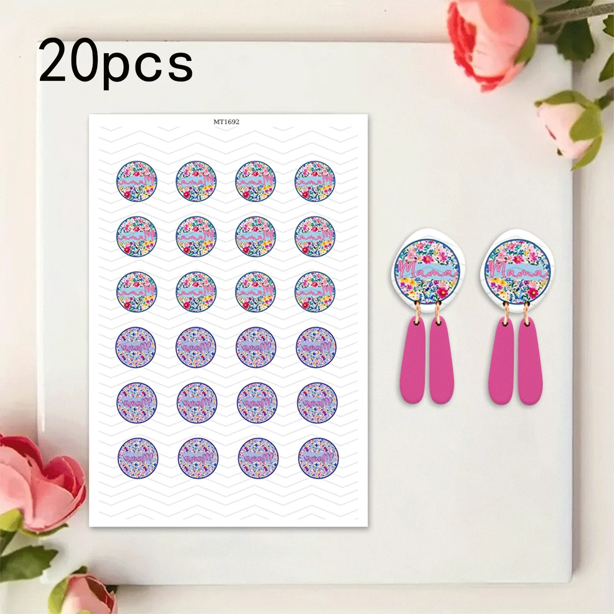 20pcs Mother's Day Themed Transfer Paper for Polymer Clay-Floral Mama Print Water Transfer Sheets for DIY Clay Earrings & Crafts