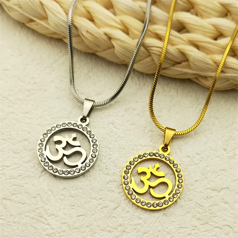 

Om Aum Rhinestone Medallion Pendant Necklace for Women Men Stainless Steel Gold Silver Color Yoga Necklaces Amulet Jewelry