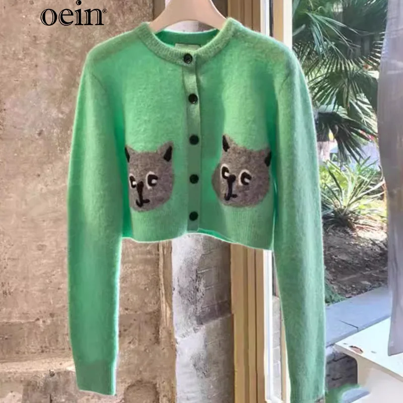 [oein] Dopamine Wearing Knitted Cardigan Sweater Women's New Cat Jacquard Age Reducing Super Promising Top