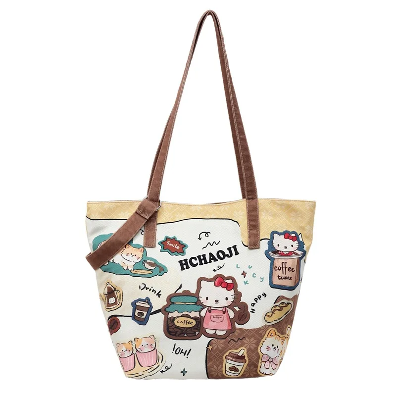 

Kawaii Hello Kitty Shoulder Bag Cute Cartoon Canvas Bag for Women 2025 Large Capacity Bucket Student Class Tote Bag for Girls