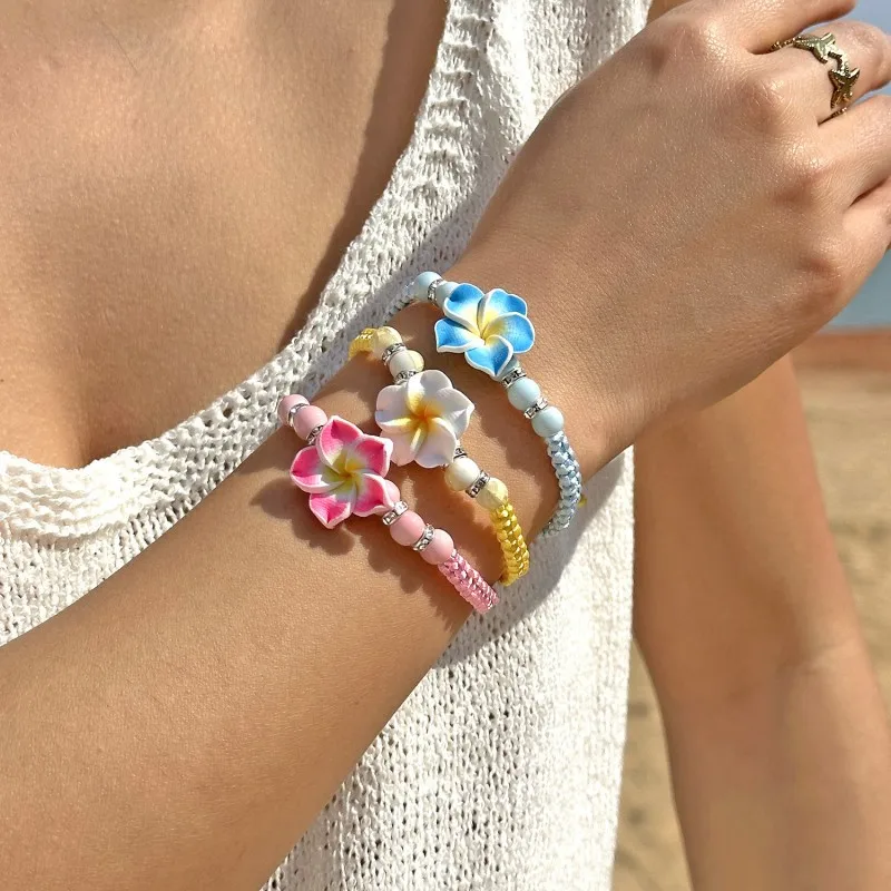 

Bohemian Big Flower Charm Bracelets For Women Pink Red Blue Green Flowers Soft Clay Pottery Beaded Bangles Girls Party Jewelry