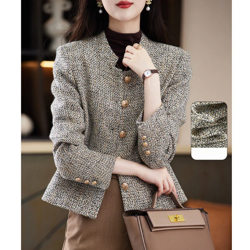 Grey tweed women jacket short Small Fragrant One-Piece spring / autumn / winter woolen coat new classic jacket Ladies