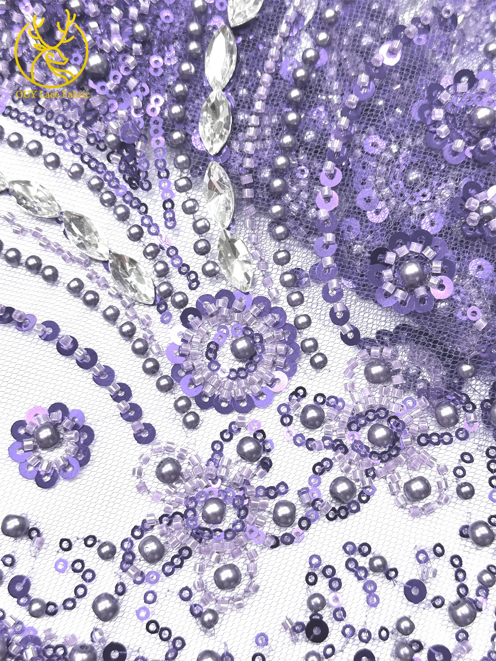 Luxuriöser königlicher lila afrikanischer handgefertigter Perlen-Spitzenstoff, französischer Pailletten-Stein-Tüll-Spitzenstoff für Hochzeitskleid-Design – Detail 29