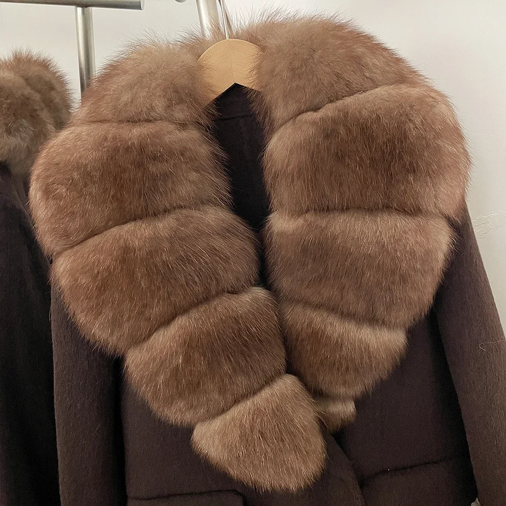 OFTBUY Damen Neue Herbst-Winter-Kleidung, Wollmantel mit Natürlichem Pelzkragen und -manschetten, Langer Warmer Echter Fuchspelz-Wollmantel – Detail 5