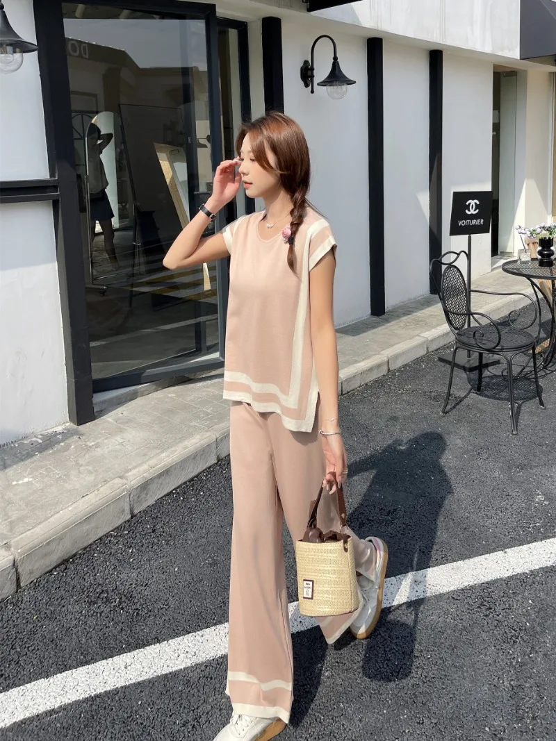 New two piece set Women Korean Fashion Casual Knitted Patchwork O-necl Short Sleeve Pullover Tops + Split Wide Leg Pants Sets