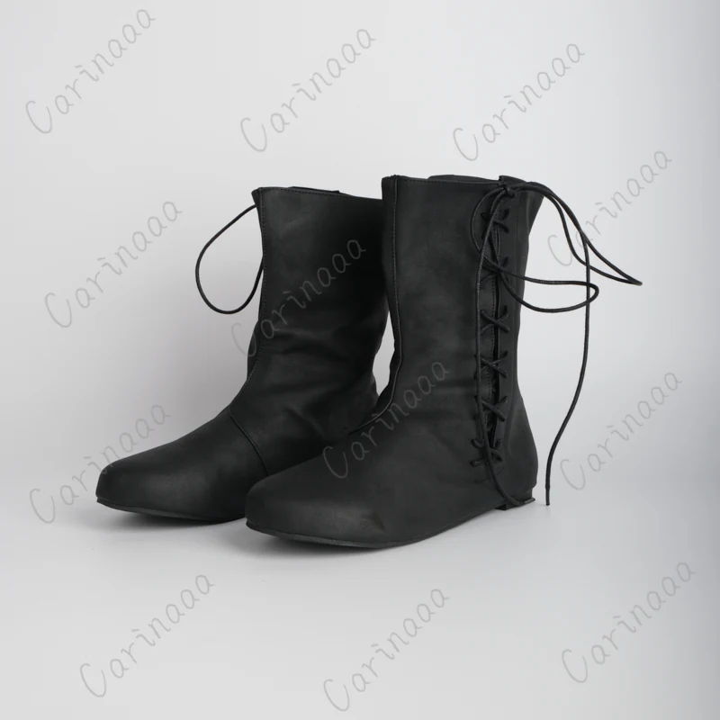 Medieval Carnival Men Knight Hunter Prince Lace Up Viking Pirate PU Leather Boots Women Stage Props Shoes Retro Cosplay Costumes