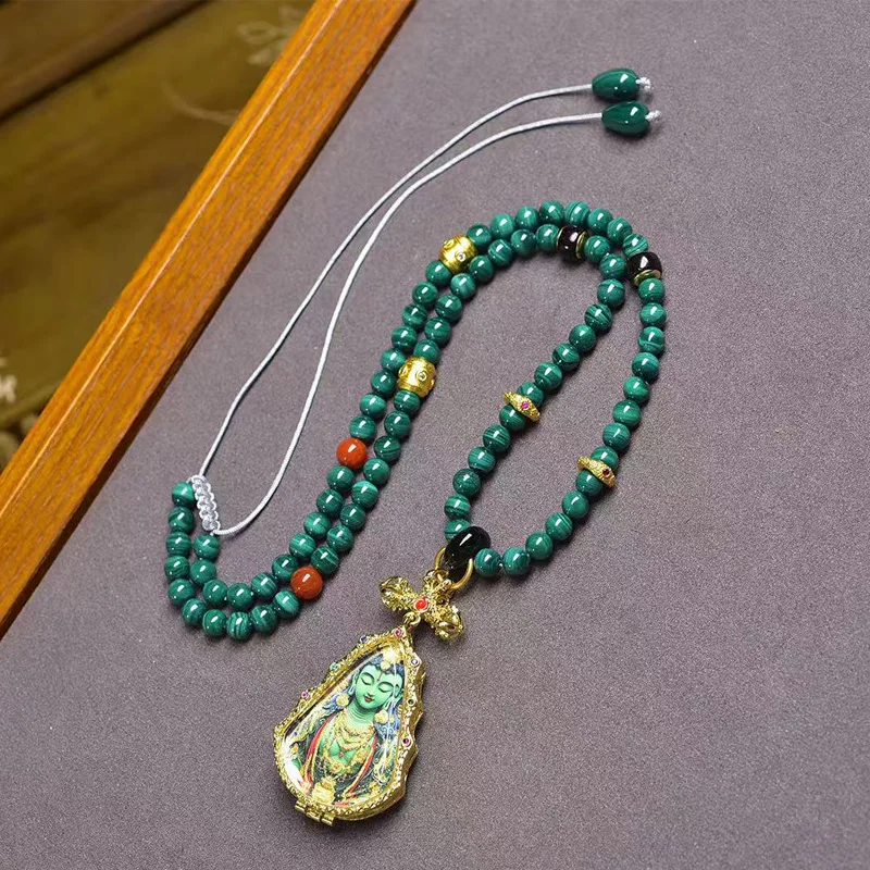 

Thangka Green Tara Birth Buddha Pendant Sweater Chain Red Agate Coconut Accessories Malachite Necklace