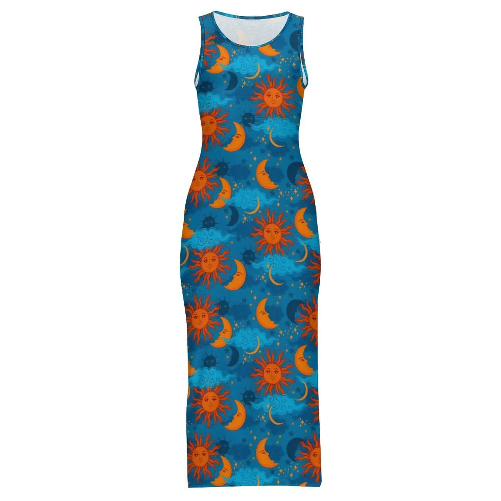 Womens Stars Sun Moon Dress Night Sky Print Streetwear Bodycon Dress Summer Sleeveless Cute Maxi Dresses Oversized Vestido