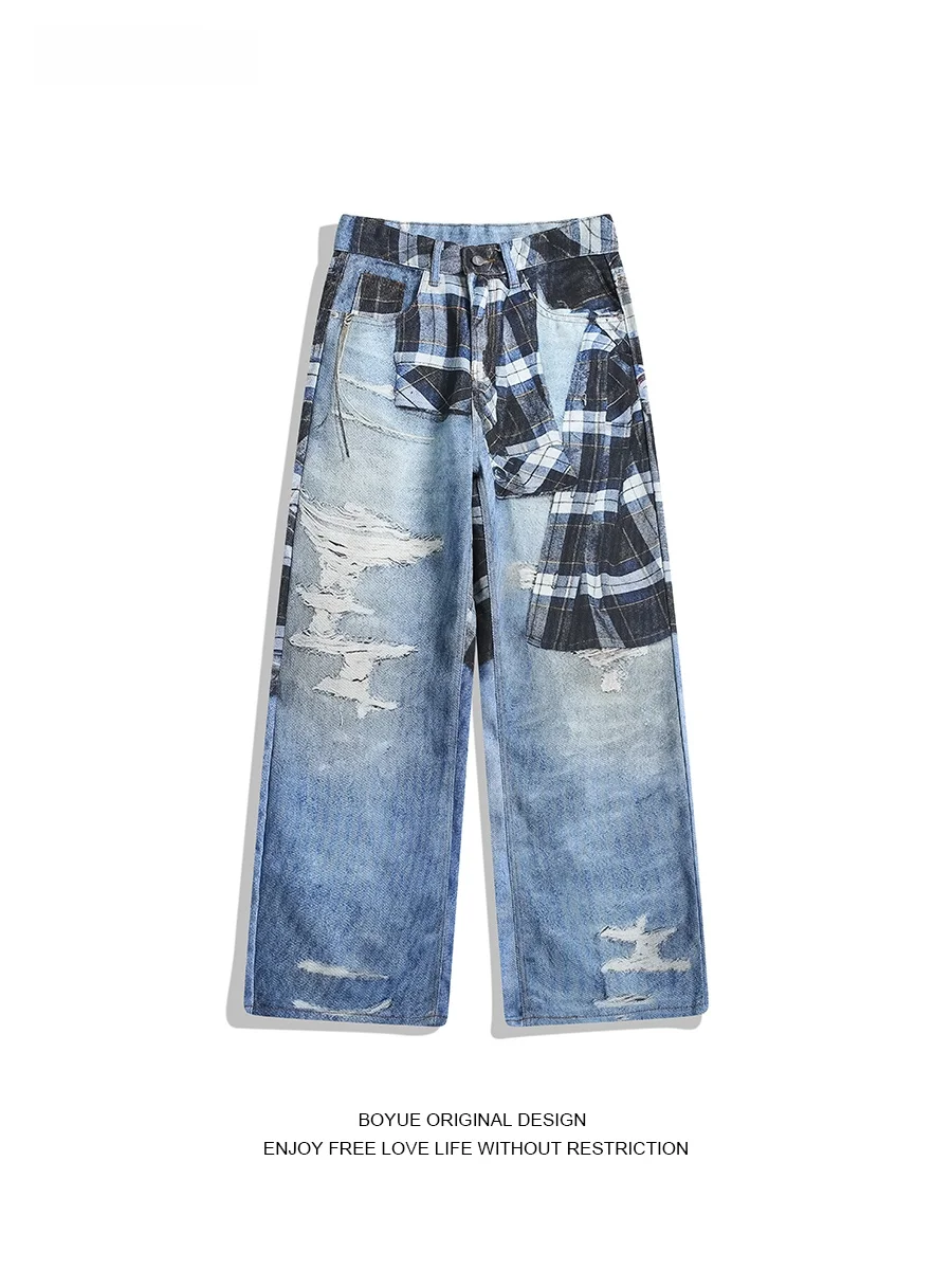 

Retro Plaid Print Hole Denim Pants Loose Street Sle Design Wide Leg Pants for Men And Women Boyue Vintage Cotton Jeans