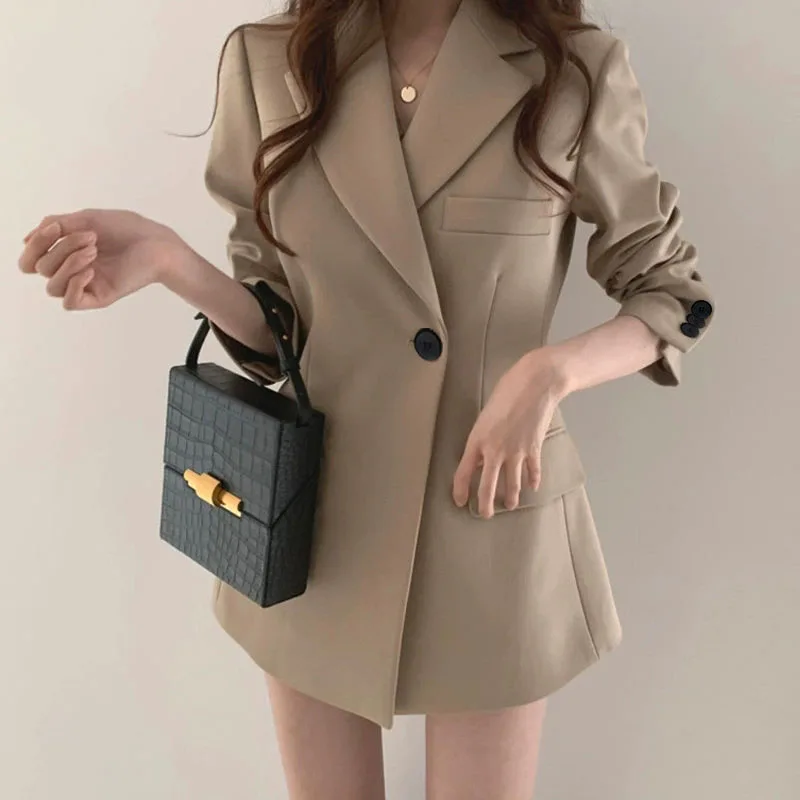 

Korean Temperament Long Suit Jacket Women Elegant Slim Fit Waist Cinched Blazers New Fashion Office Style Lady Blazer Outwear