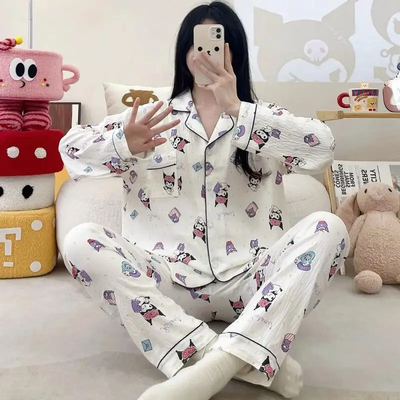 

Sanrio Hello Kitty, пижамы для молодых девушек, кавайные студенческие осенние пижамы с героями мультфильмов для отдыха, длинные штаны с длинными рукавами, комплект домашней одежды Kuromi, новый