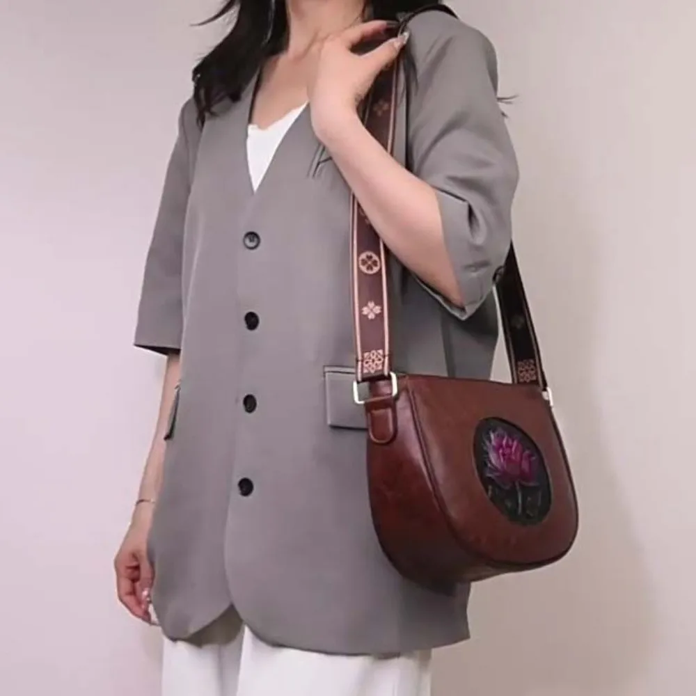 Elegant Middle Aged Mom Bag Soft Leather Printed Wide Strap Lotus Embossed Shoulder Bag Multi Pocket Anti-splash Water