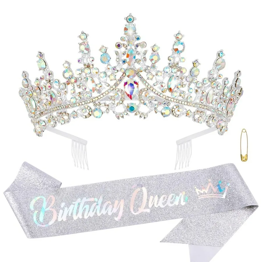 Barocke Strass-Geburtstagsköniginnen-Schärpe mit Krone, Tiara und Stirnband, Geburtstags-Schärpe mit Anstecknadel, Happy Birthday Party Dekoration – Detail 34