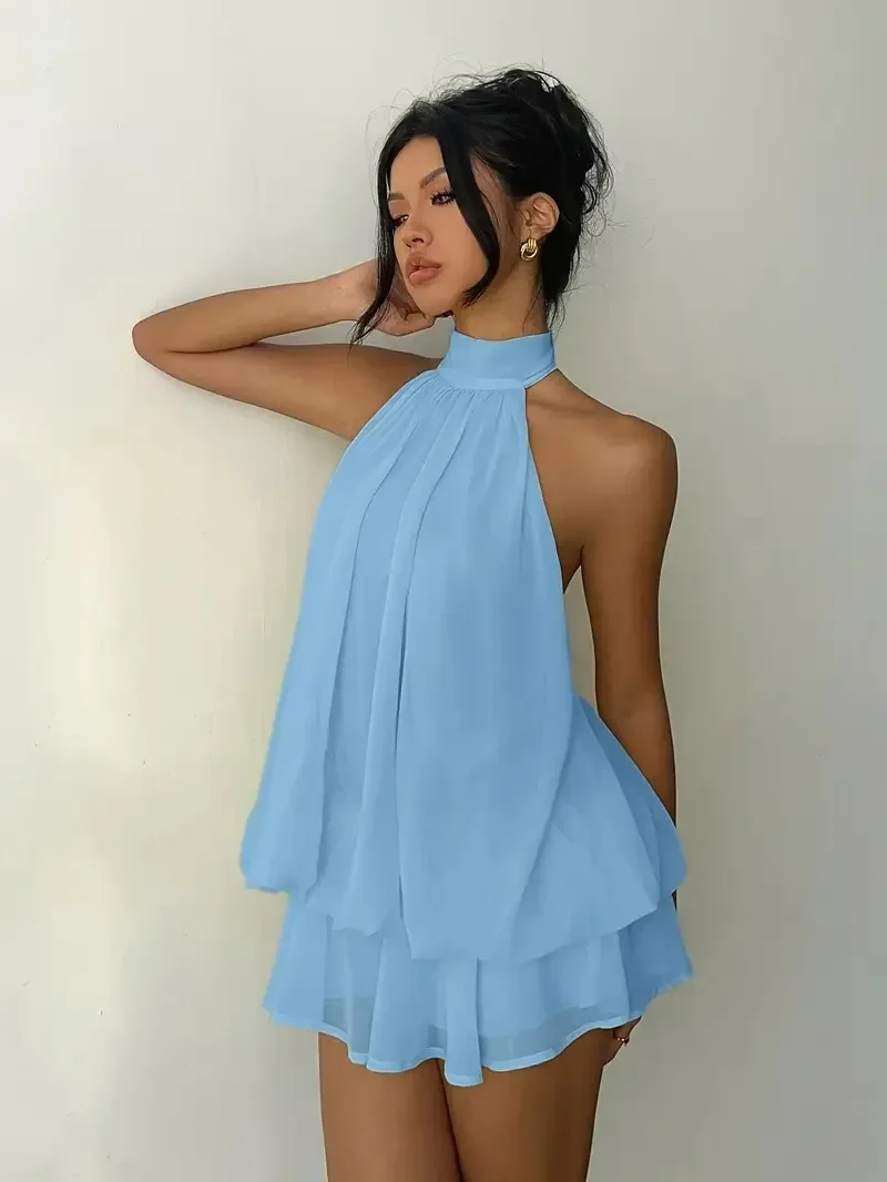 Damen Chiffon-Minikleid mit Neckholder, ärmellos, mehrlagig, mit Rüschen, fließend, einfarbig, locker, A-Linie, Sommer-Party, Strand, Freizeit-Sommerkleid – Detail 33