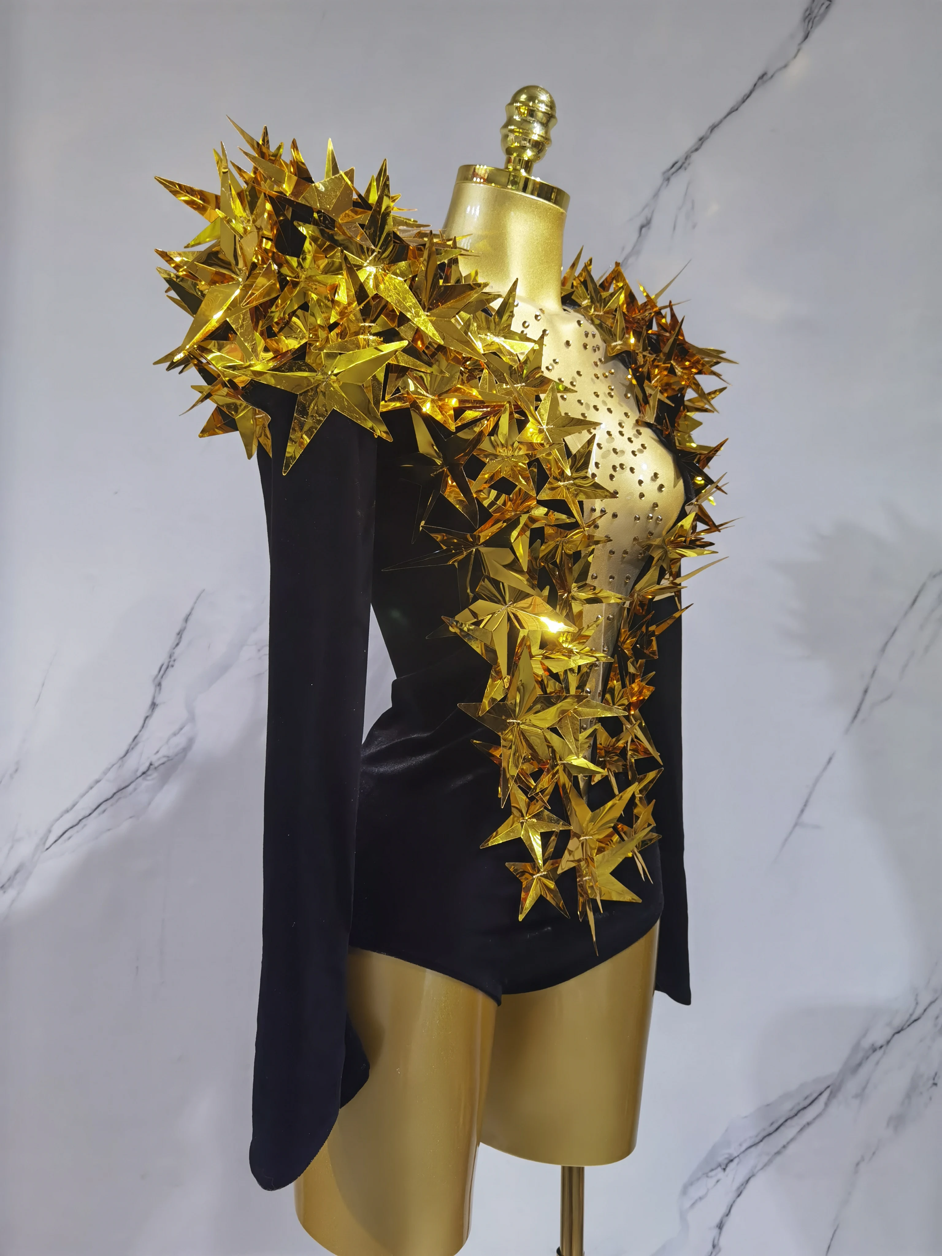 2025 New Shiny Black Rhinestone Velvet Long Sleeve Bodysuit Women Evening Party Club Gala Hosts NightClub Bar Stage Costumes image 2