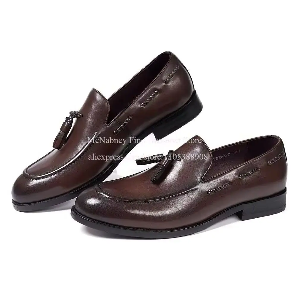 Leather Brown Tassel Braided Loafers Men Round Toe Slip on Formal Shoes Gentleman Style Shoes Business Dress Wedding Shoes