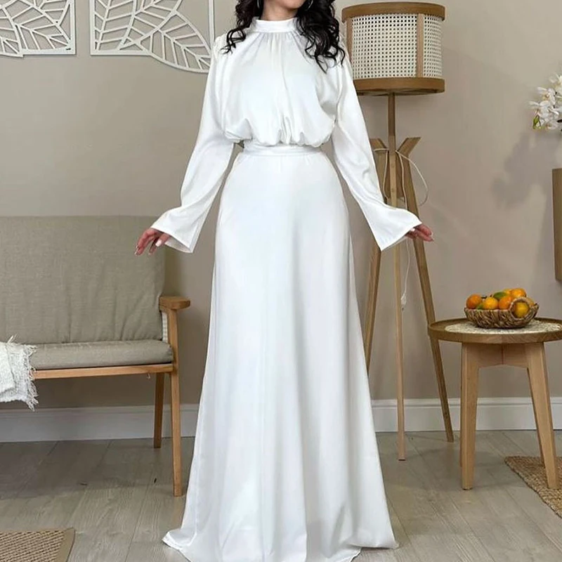 Fashion Half High Neck Long Sleeve Maxi Dress Spring Elegant High Waist Draped Long Dress Women Summer Casual Solid Party Dress