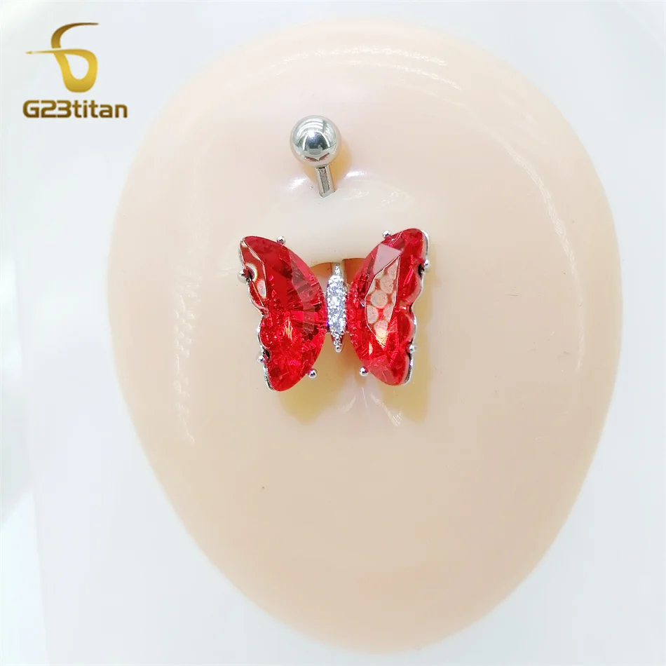 G23titan Women Summer Jewelry Red Crystal Butterfly Navel Ring 14G Titanium Steel Belly Button Bar Body Piercing Sexy Accessory image 5