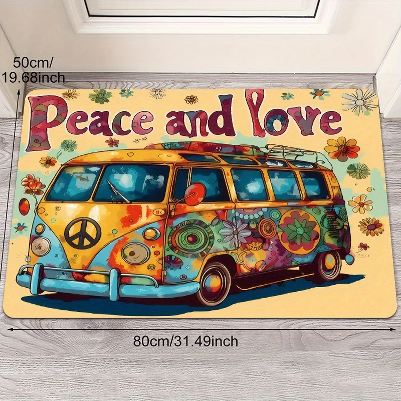 1pc 2D Flat Retro Hippie Bus Peace And Love Text Flannel Door Mat Non Slip Vintage Carpet For Entryway Patio Home Decor