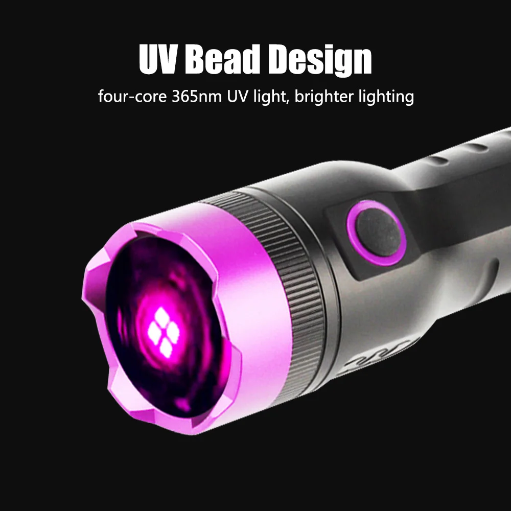 UV Flashlight 365nm LED Ultraviolet Torch Ultra Violet Lights Rechargeable Cat Dog Urine Tinea Fluorescence Light Detector Tools