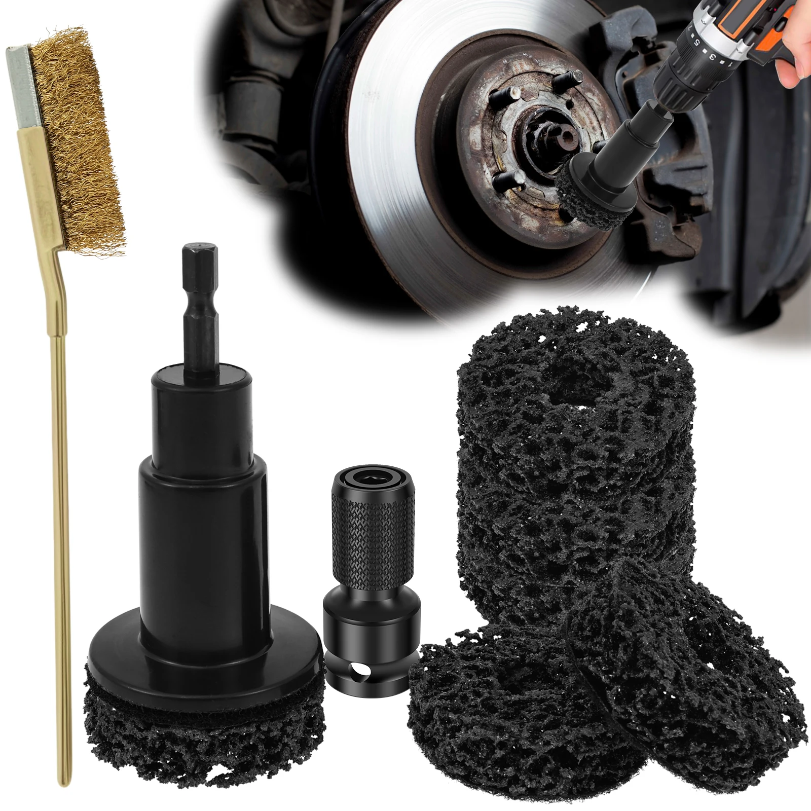 

Набор для удаления ржавчины с колесных дисков автомобиля: щетка, шлифовальный инструмент, очиститель тормозов, полировальный инструмент