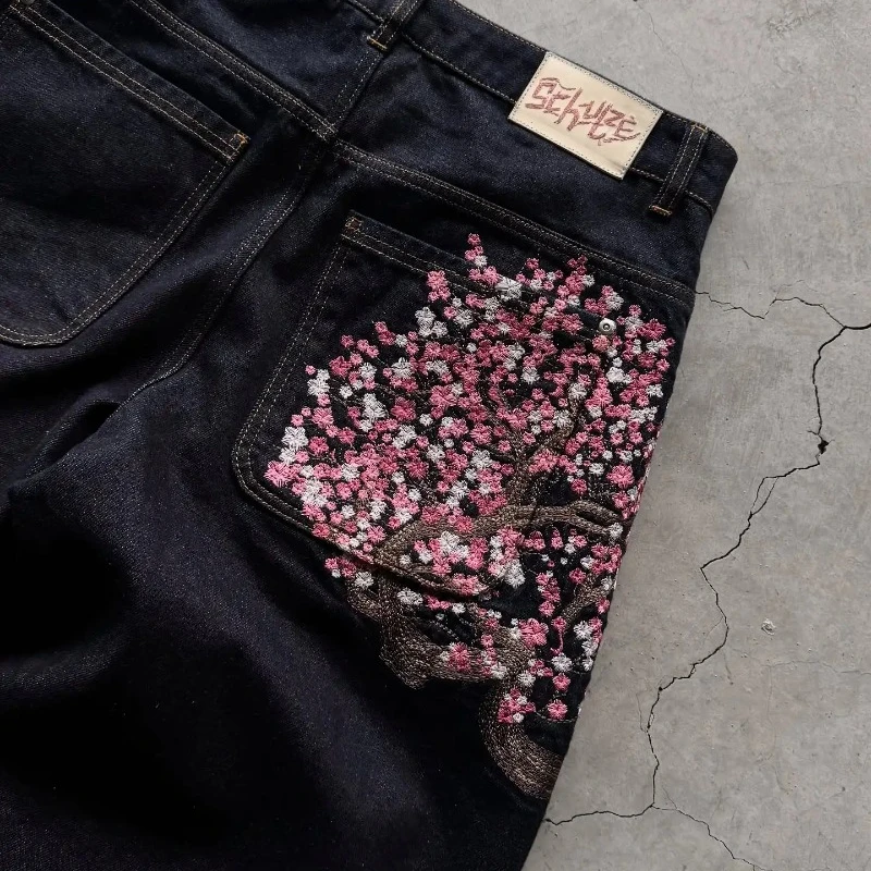 Calças Jeans Baggy Y2K com Bordado de Flor de Cerejeira, Calças de Denim para Homens e Mulheres, Moda Americana Hiphop Streetwear, Calças de Denim de 