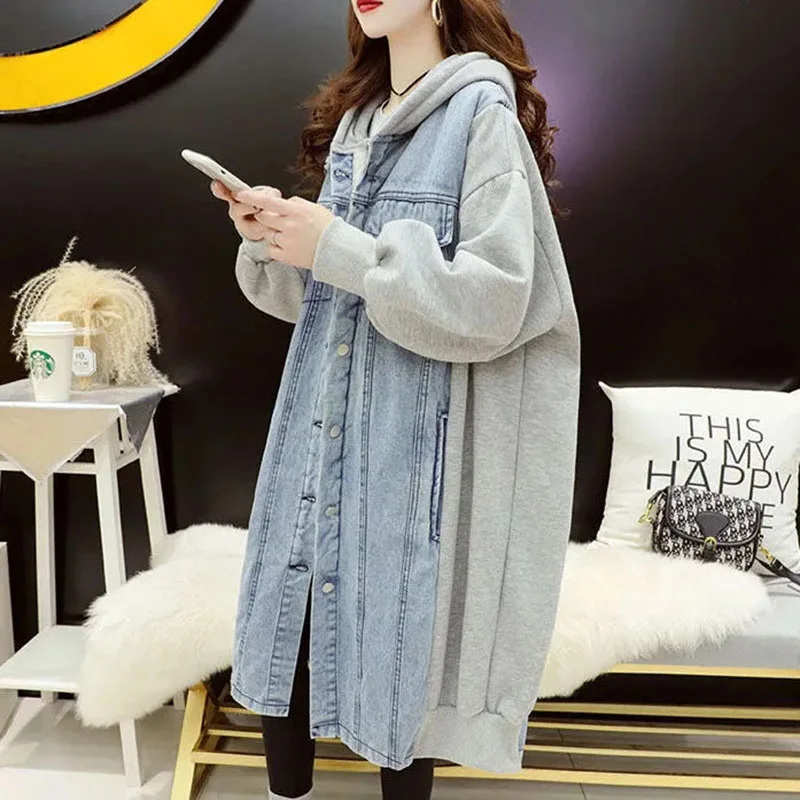 New Women Denim Splicing Hoodie Cardigan Autumn Winter Long Hooded Denim Jacket Loose Female Casual Windproof Motorcycle Jackets