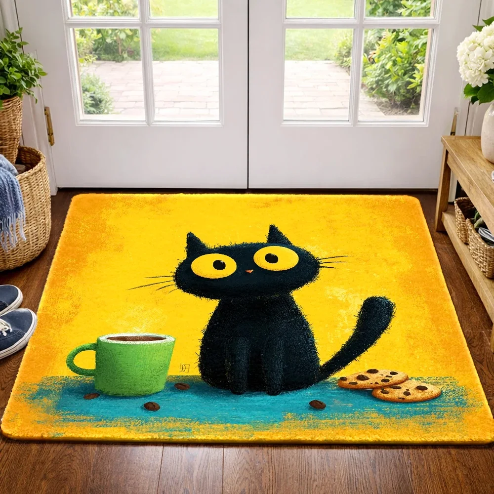 [2D Flat] 2D Flat Flannel Floor Mat, Cute Black Cat And Coffee Cookie Pattern, Suitable for Living Room, Bedroom, Office, Bathroom, Balcony, Corridor, Porch